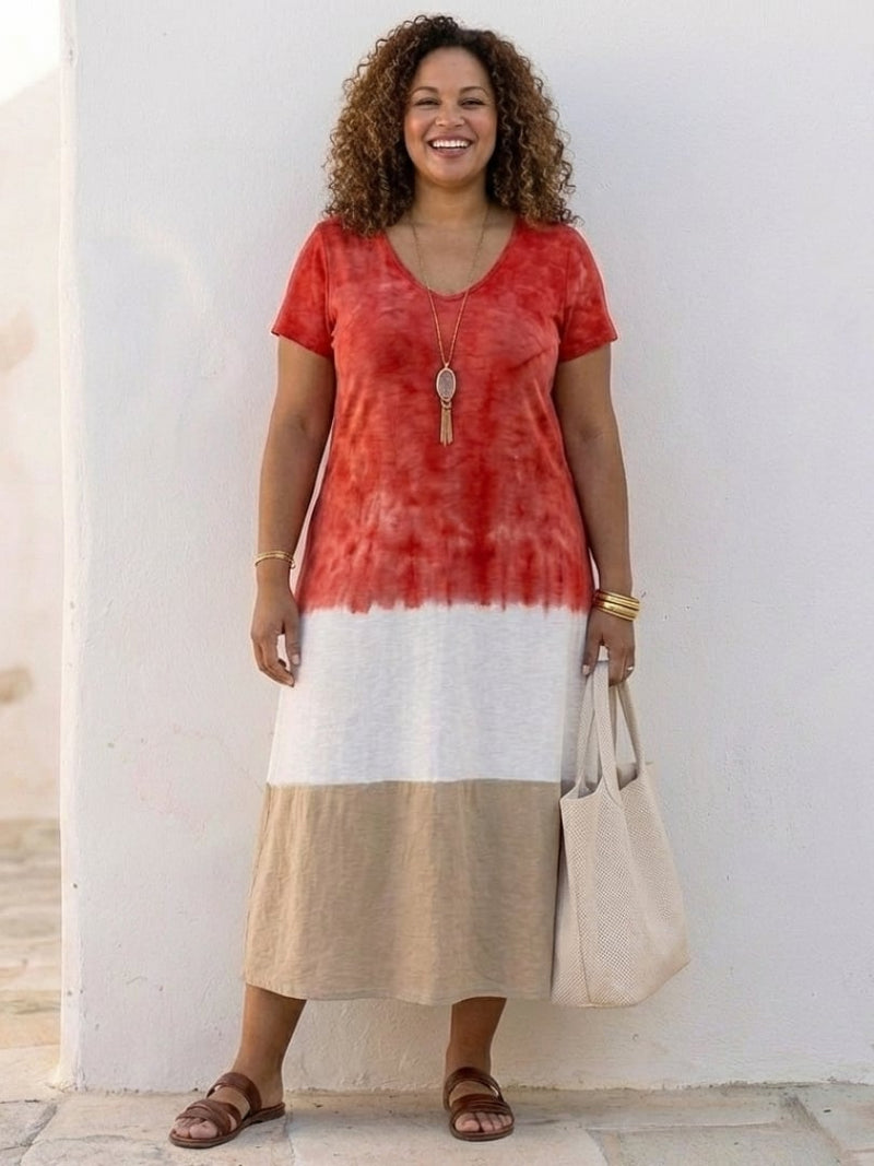 Full-length side view of the Isadora color block midi dress highlighting the relaxed silhouette