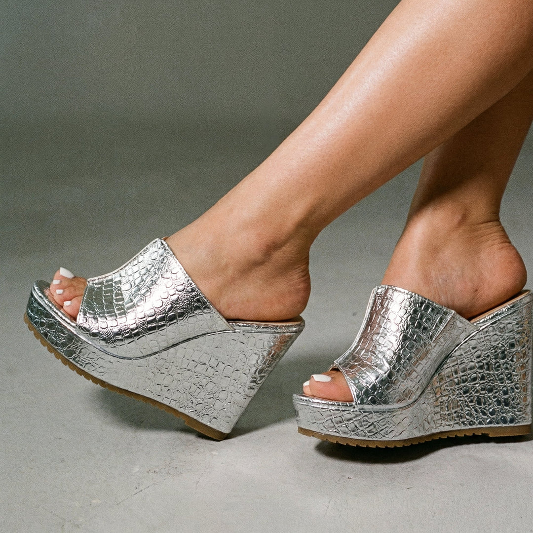 Side view of Isadora silver open-toe platform wedge sandals