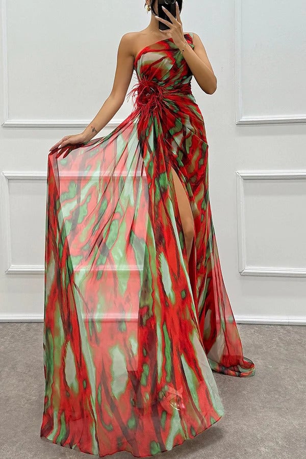 Model styled in Isla maxi dress in red for a wedding guest occasion