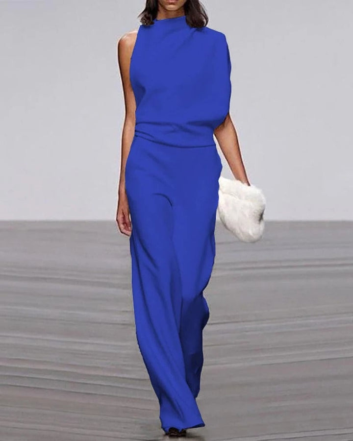 Back view of ivory wide-leg sleeveless jumpsuit with clean minimal silhouette