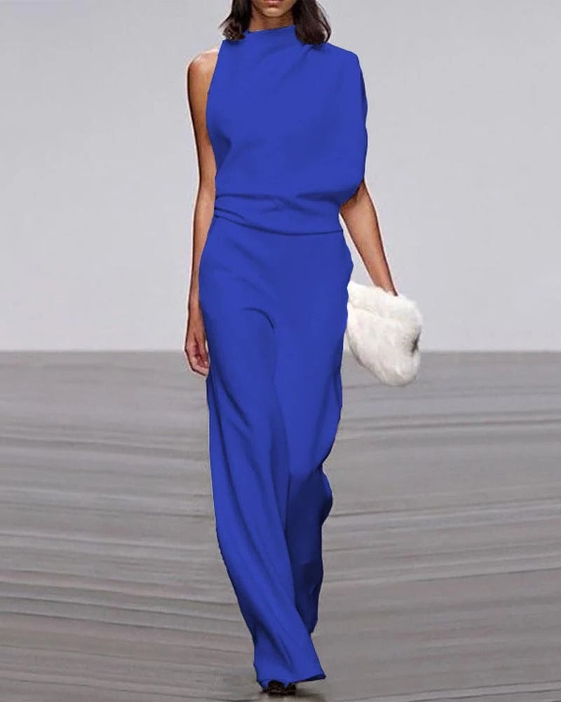 Back view of ivory wide-leg sleeveless jumpsuit with clean minimal silhouette