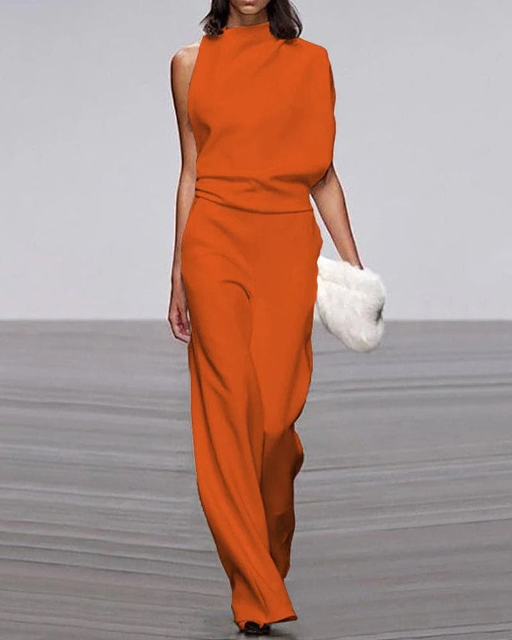 Wide-leg formal jumpsuit shown in multiple colors including black, green, and dark red