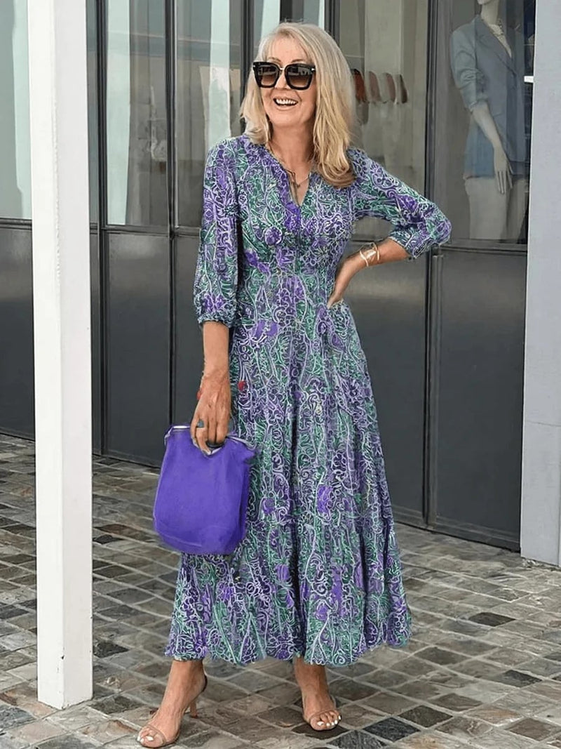 Woman styling a floral boho dress with sandals for a casual weekend look