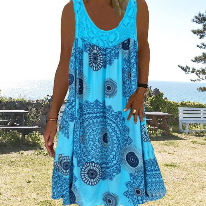 Woman in a sleeveless summer dress in army green, full-length front view
