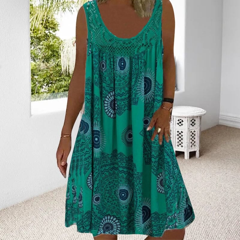 Woman wearing a sleeveless summer dress in red, casual outdoor setting