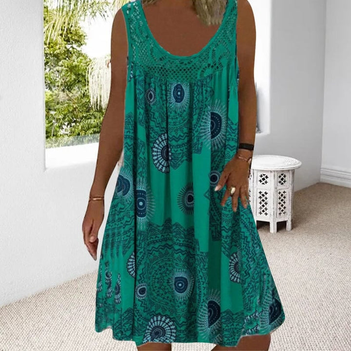 Woman wearing a sleeveless summer dress in red, casual outdoor setting