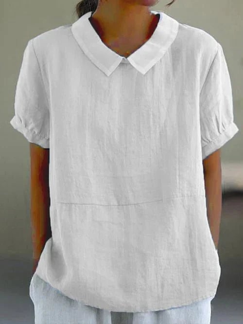Back view of the Ivy short sleeve linen-look top in blue