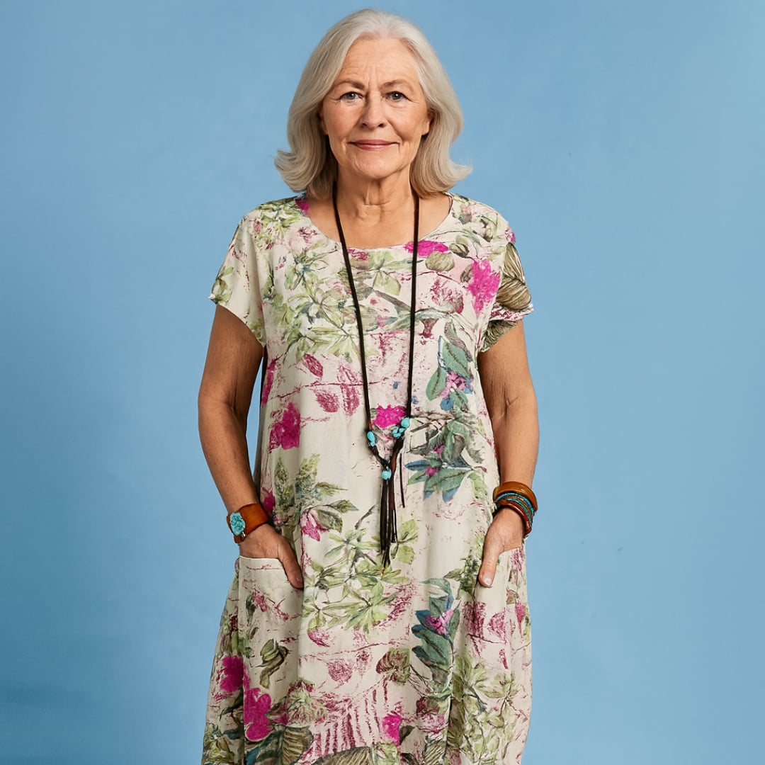 Side view of the Jackie dress highlighting the figure-enhancing fit and sleeve length