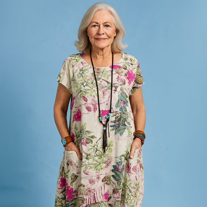 Side view of the Jackie dress highlighting the figure-enhancing fit and sleeve length