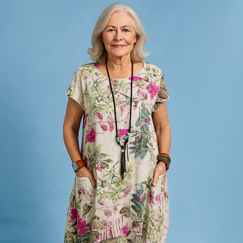 Side view of the Jackie dress highlighting the figure-enhancing fit and sleeve length