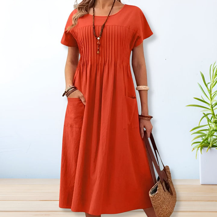 Close-up of the Jacqueline relaxed fit day dress showing the flowy fabric and side pocket detail