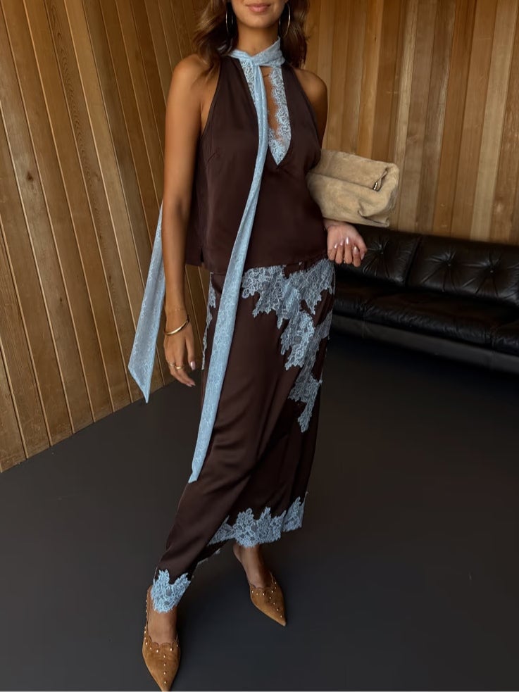 Full-length back view of the brown and blue lace panel top and skirt set