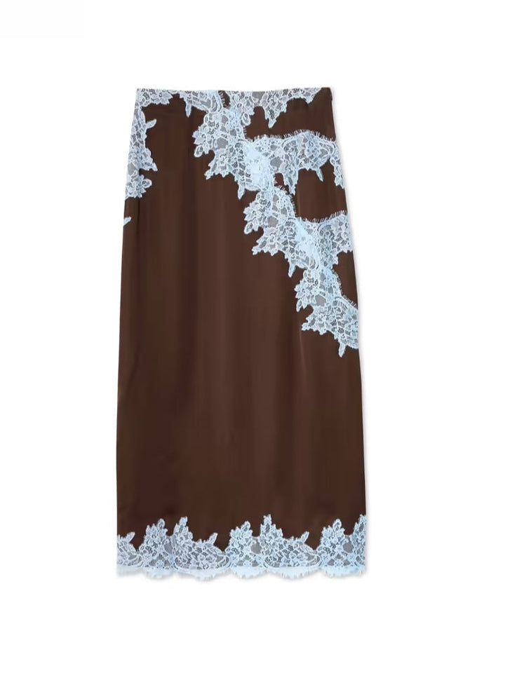 Model in brown and blue lace set styled with heels, full-length front view