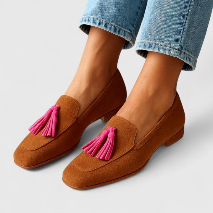 Brown Jade elegant comfort loafers with a sleek minimalist silhouette and cushioned footbed, shown from a front angle