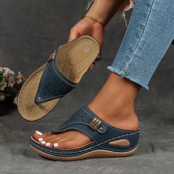 Jade women's cushioned sandal in brown, top-down view highlighting contoured footbed and secure buckle straps