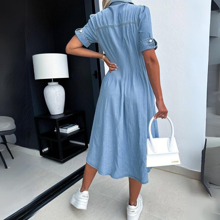 Styled flat lay of the Jade denim button-up midi dress in blue, sizes S to 2XL