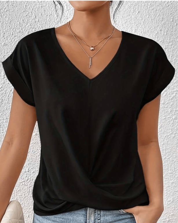 Flat lay of the Jade twist front V-neck top in black showing the full silhouette and cap sleeves