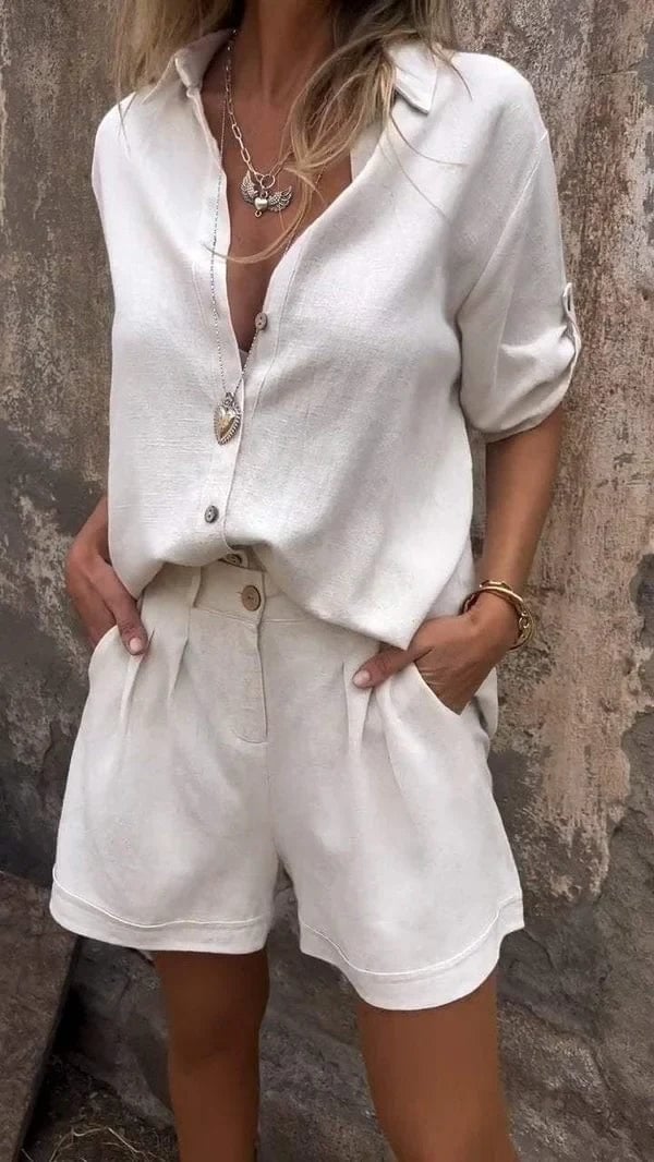 Front view of the Jamie shorts and top set in white on a female model
