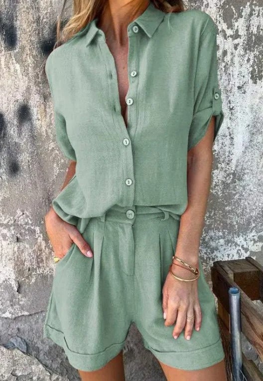 Side view of the Jamie lightweight shorts and top set showing the flowing cut