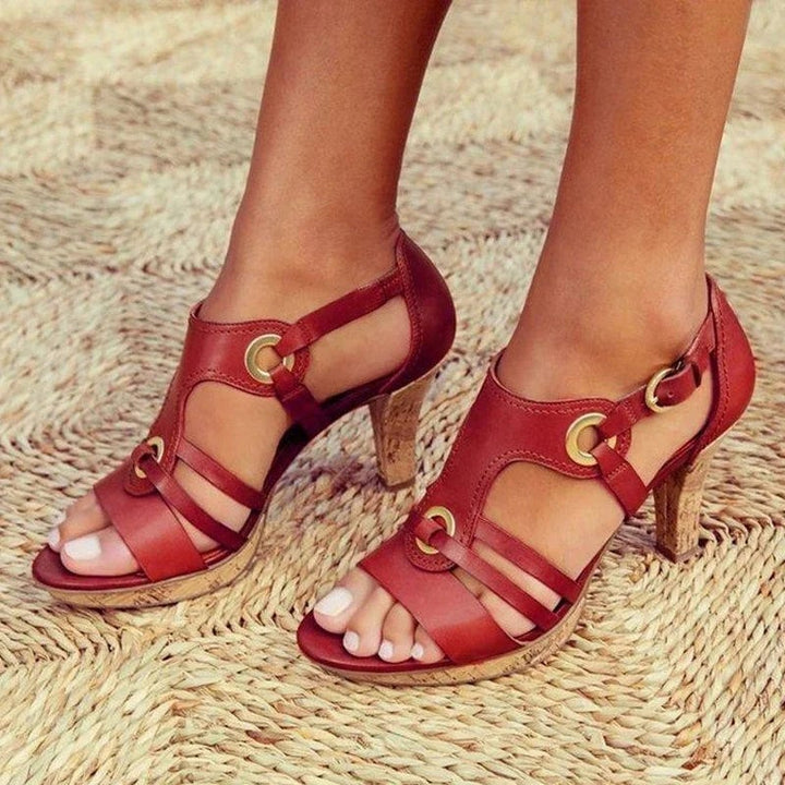 Jane block heels in brown displayed at an angle highlighting the sturdy block heel construction