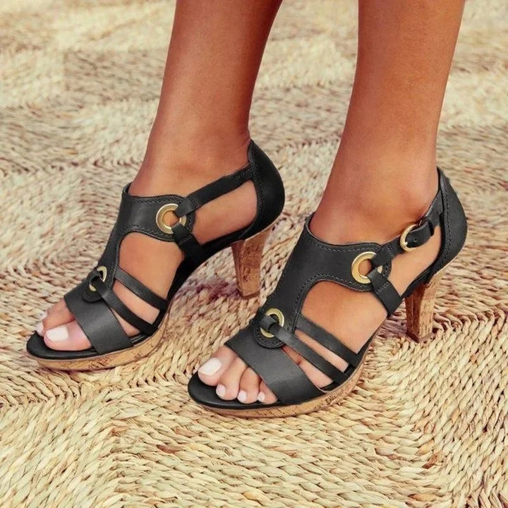Close-up of the Jane block heel outsole showing stable tread and balanced heel base