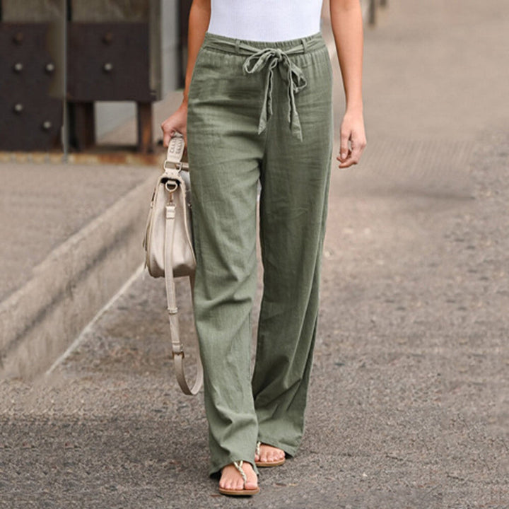 Close-up of the elastic drawstring waistband on the Jane wide-leg pants