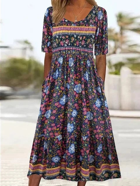 Back view of bohemian print round neckline dress in multicolor pattern
