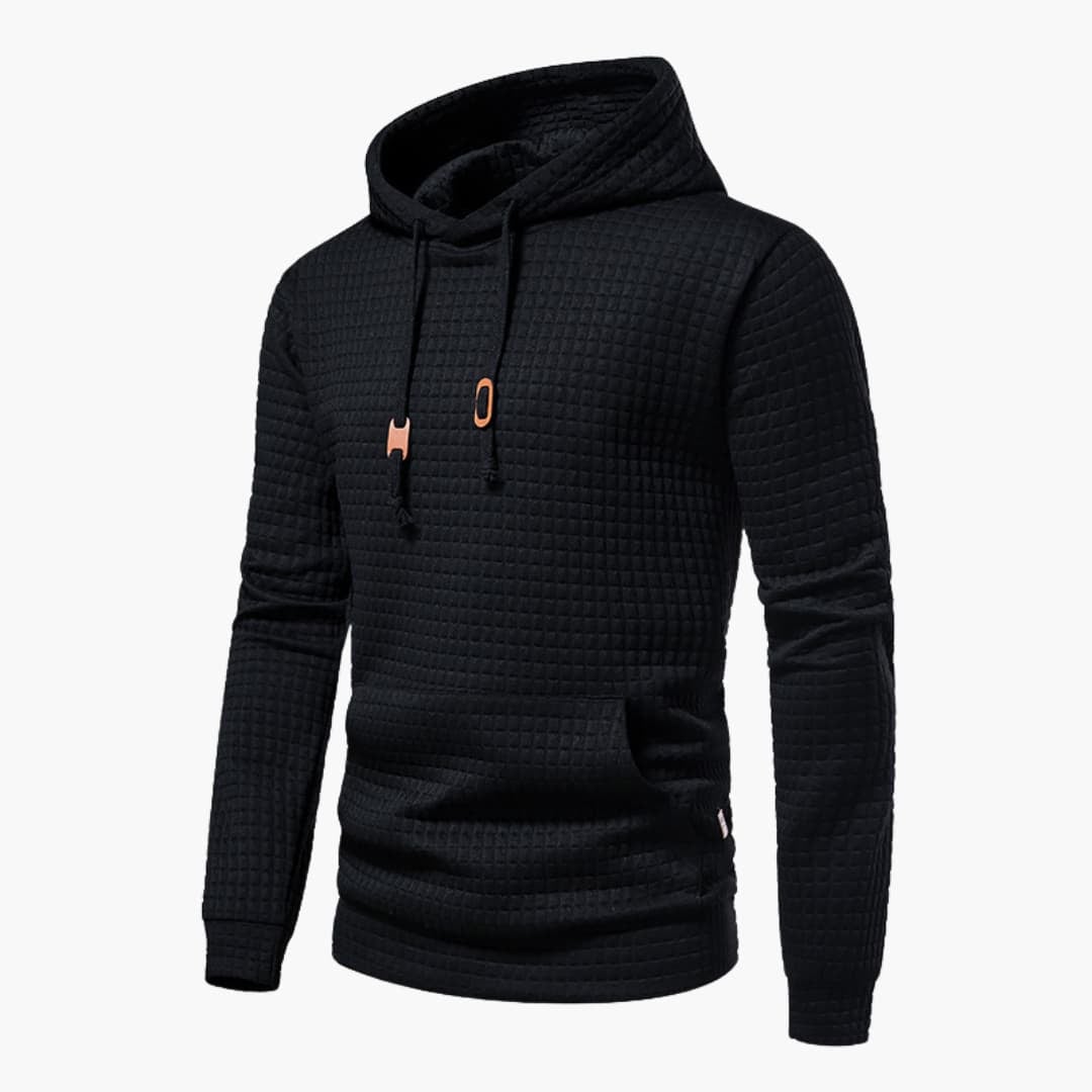 Back view of the Jasper Comfort Hoodie in black highlighting the relaxed fit