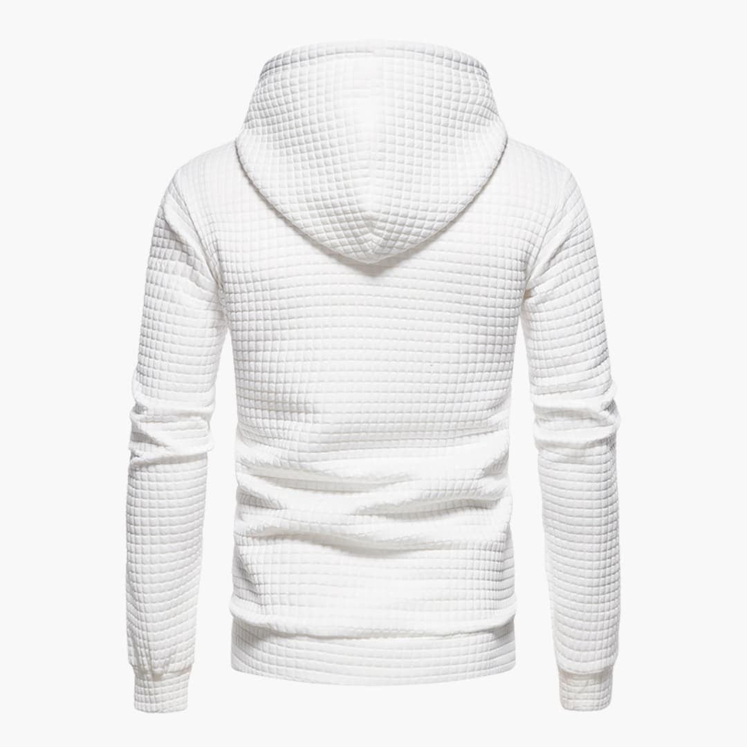 Side profile of the Jasper Comfort Hoodie in light grey showing the snug hood