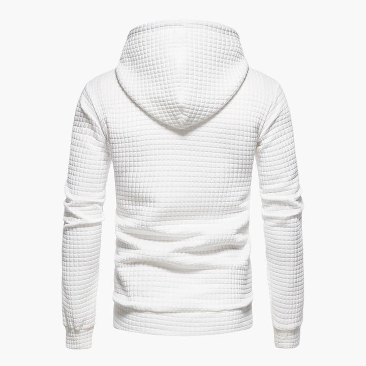 Side profile of the Jasper Comfort Hoodie in light grey showing the snug hood