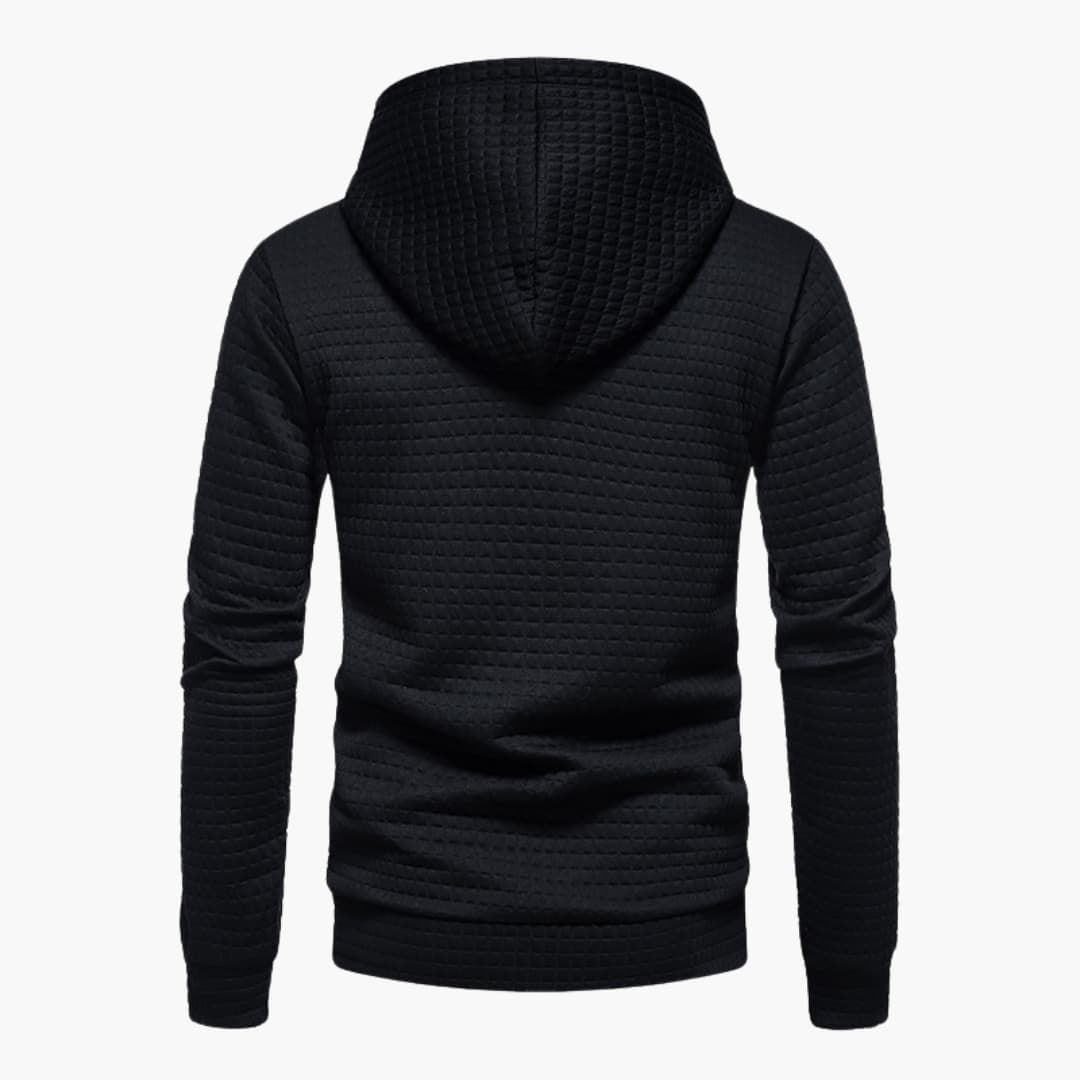 Detail shot of the hood and neckline on the Jasper Comfort Hoodie in white