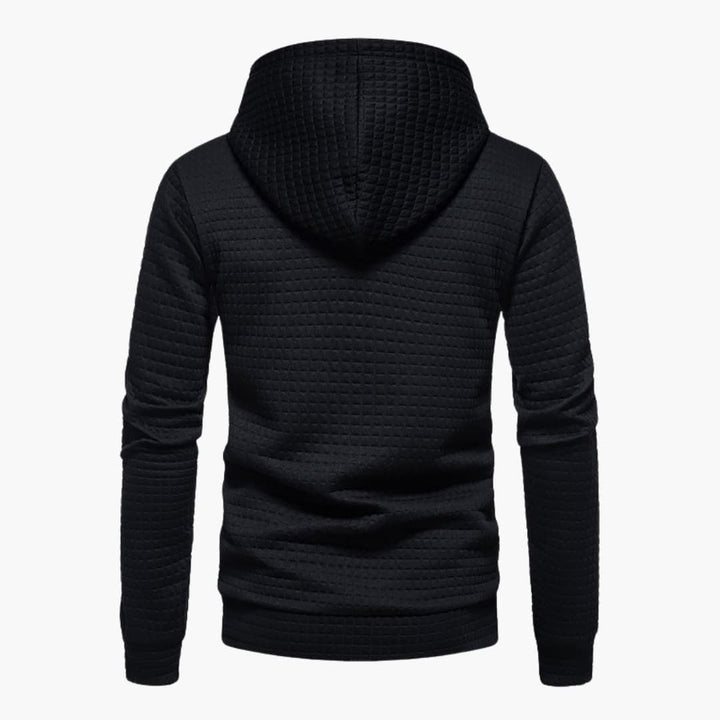 Detail shot of the hood and neckline on the Jasper Comfort Hoodie in white