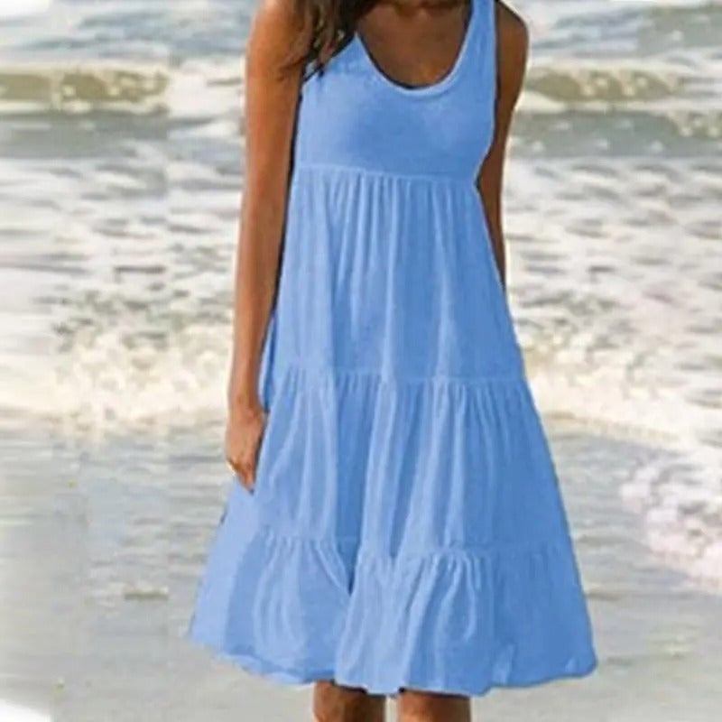 Close-up front view of a smooth stretch bodycon dress in light blue showing the fitted silhouette