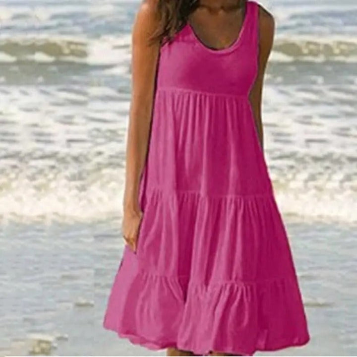 Rose red bodycon dress with open back and hem split displayed on a model in a lifestyle setting