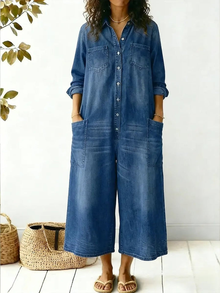 Side and leg view of the Jeen wide-leg cropped jumpsuit highlighting the relaxed silhouette and large patch pockets