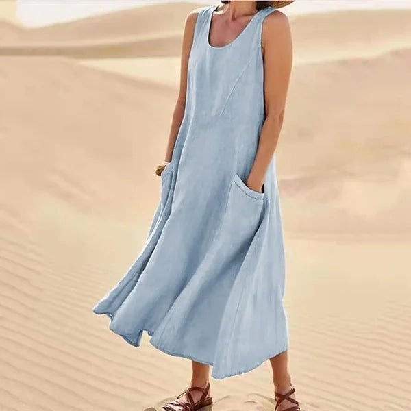 Close-up detail of the Jenny everyday dress showing fabric texture and clean neckline