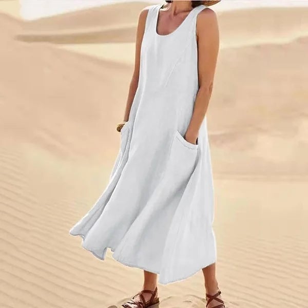 Side profile view of the Jenny everyday dress showing the smooth, flowing fit