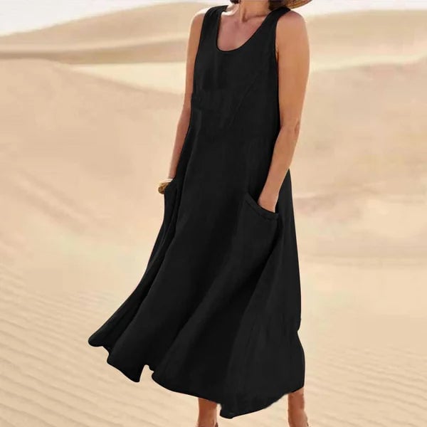 Jenny everyday dress in chocolate, rich tone front view on model