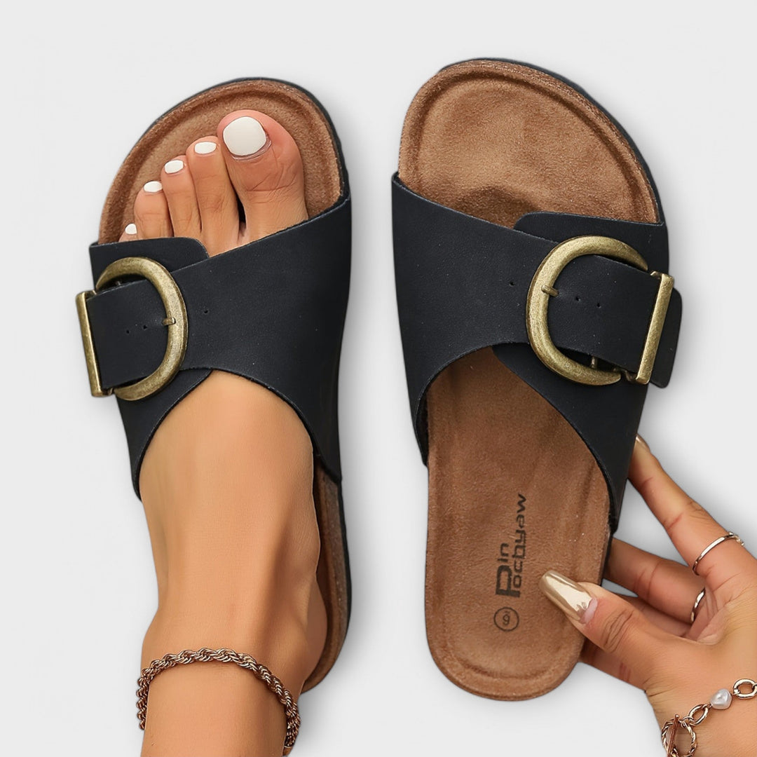 Joanna sandal in khaki showing cushioned ergonomic footbed and adjustable buckle strap, top view