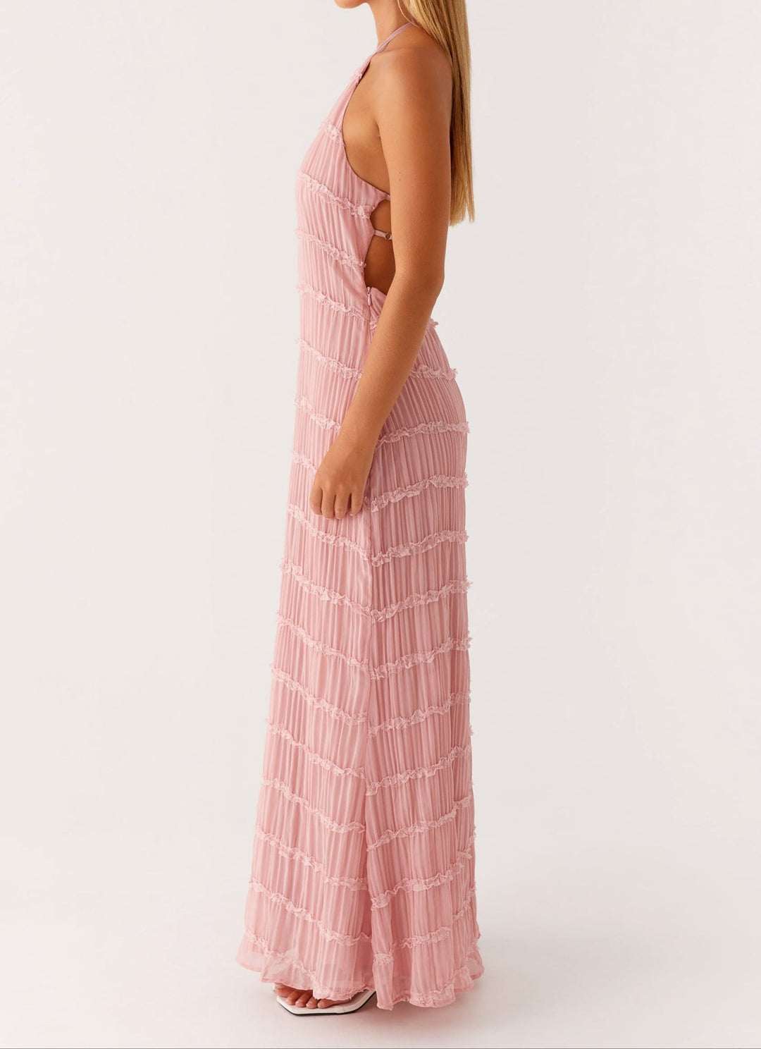Yellow halter maxi dress full-length shot showing vibrant color and flowing fabric