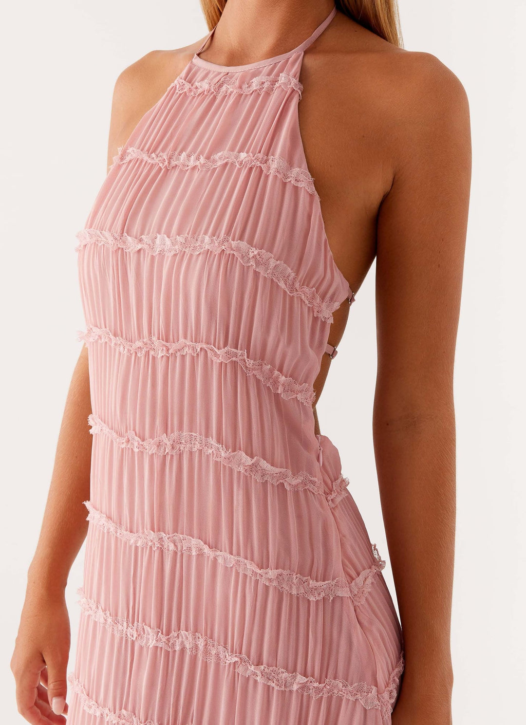 Detail shot of adjustable halter neckline tie on the elegant maxi dress