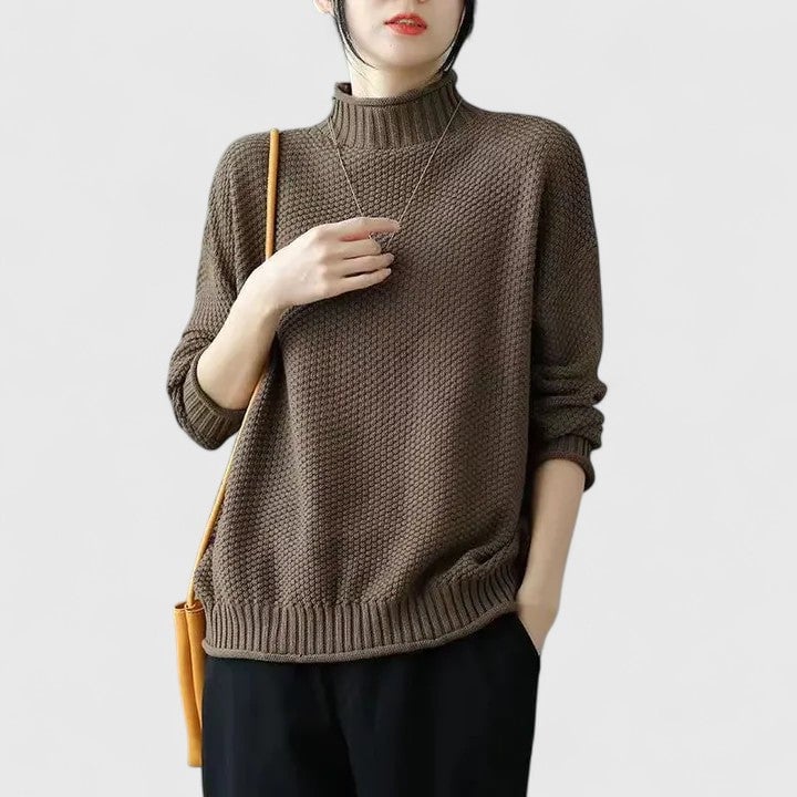 Side profile view of the Jordyn sophisticated sweater showing its flattering tailored shape