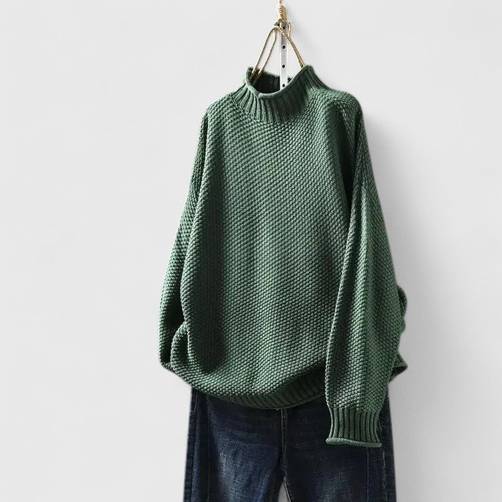 Jordyn sophisticated sweater in yellow styled casually with denim jeans