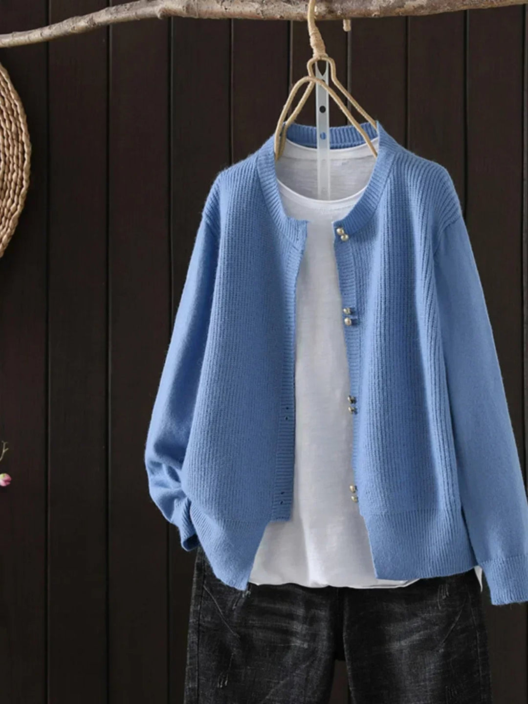 Front view of the Josephine cardigan draped over a feminine silhouette, shown in a cozy, polished look