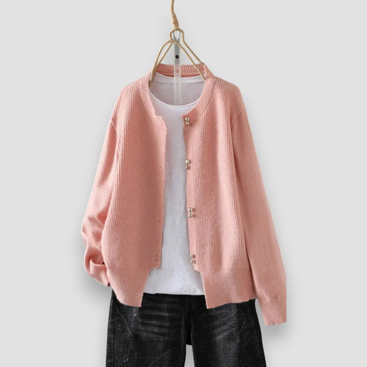 Josephine cardigans displayed in multiple color options including gray, blue, pink, purple, white, and yellow
