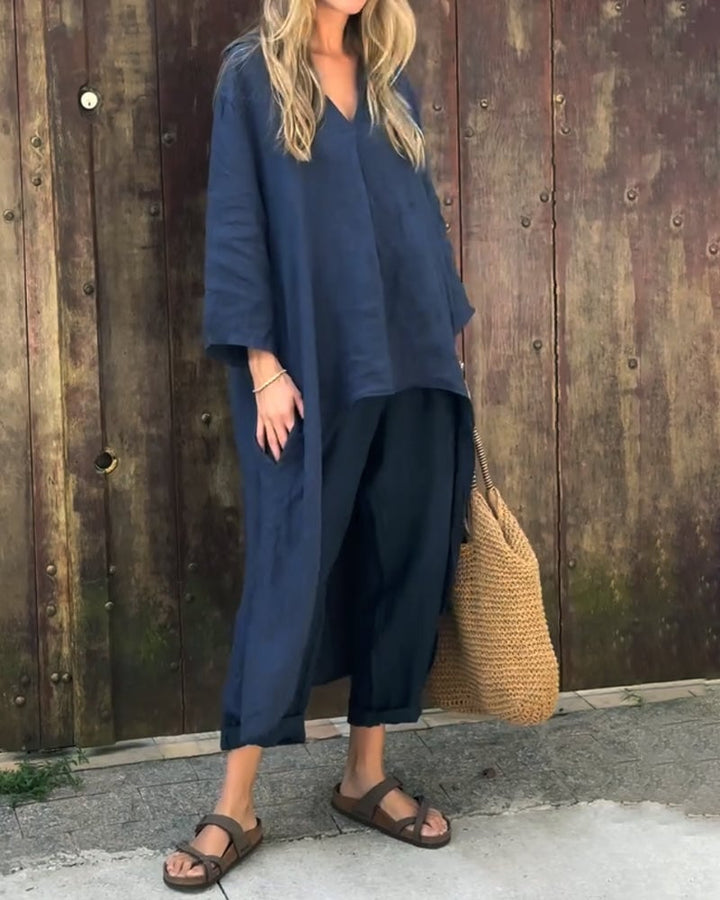 Front view of the chic two-piece set styled casually for a daytime look