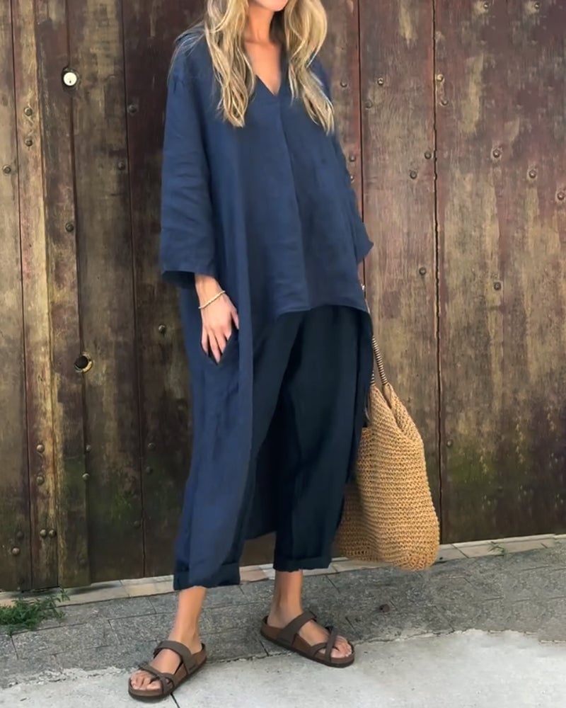 Front view of the chic two-piece set styled casually for a daytime look
