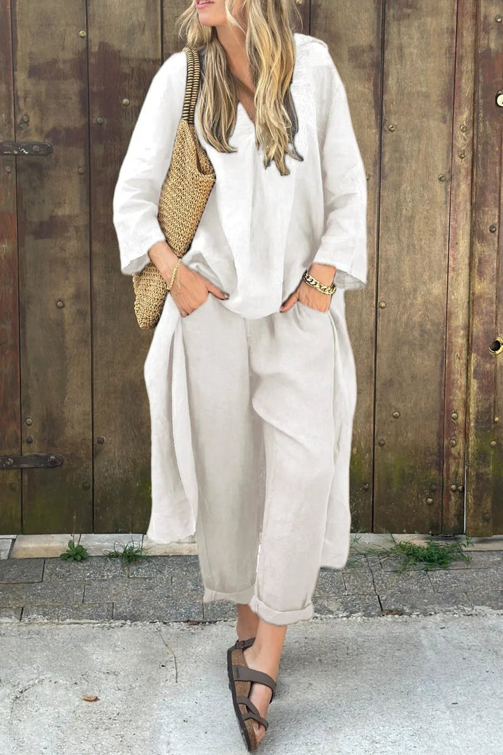 Side profile of the two-piece set highlighting the draped, figure-flattering design