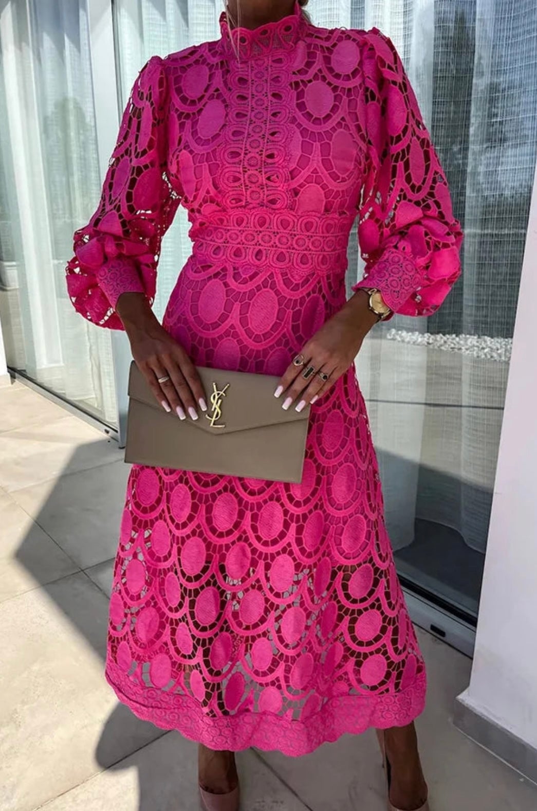 Front view of the Joyce elegant lace midi dress in rose, showing delicate lace detailing and flattering midi length