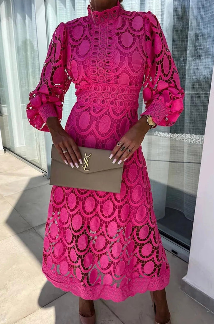 Front view of the Joyce elegant lace midi dress in rose, showing delicate lace detailing and flattering midi length